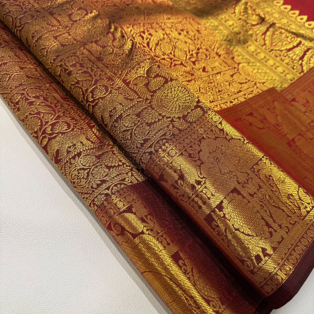 Pallavi – Maroon Gold Banarasi Soft Silk Saree with Royal Elephant Zari Weaving