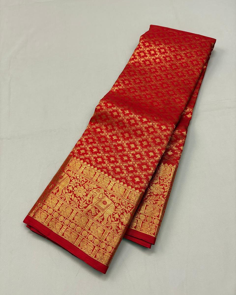 Bhairavi – Temple Red Banarasi Soft Silk Saree with Elephant Zari Border & Paisley Pallu