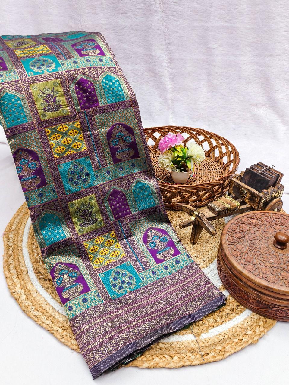 Sabita – Teal Blue Banarasi Soft Silk Saree with Multicolor Zari Panel Design