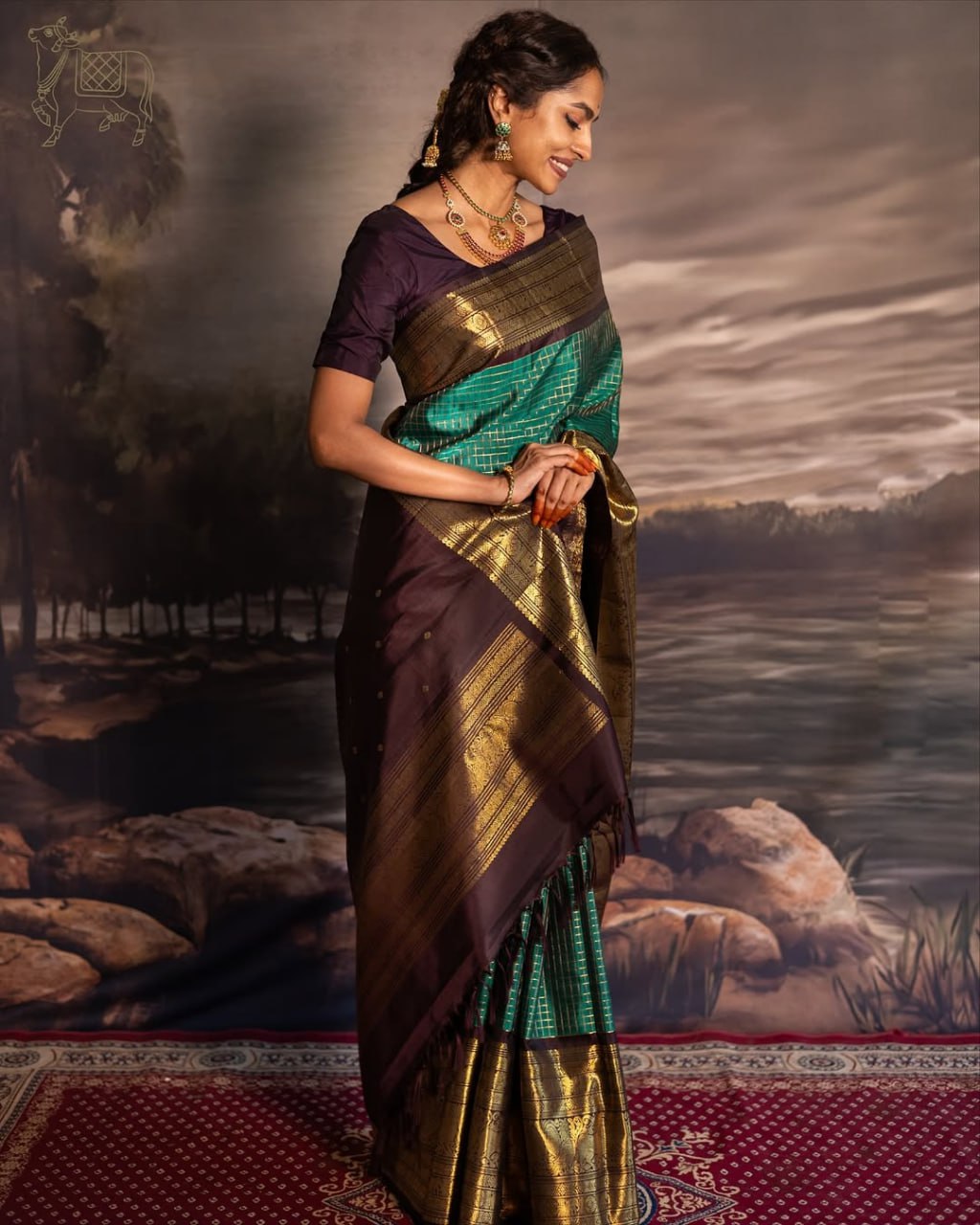 Pushpa – Emerald Green Banarasi Soft Silk Saree with Gold Checks & Contrast Zari Border