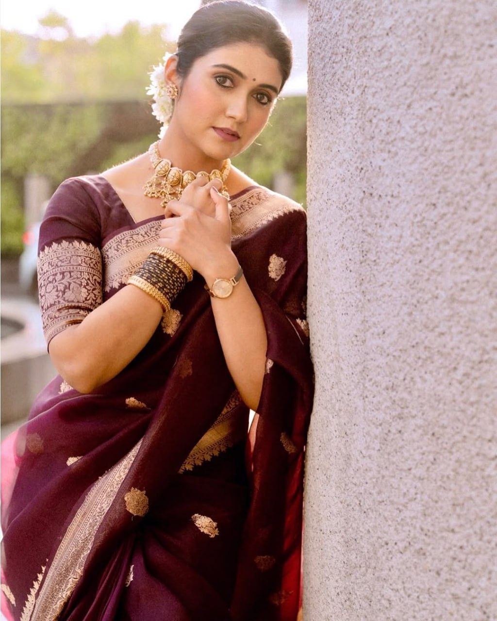 Praveena - Maroon Organza Silk Saree with Floral Zari Motifs and Brocade Border