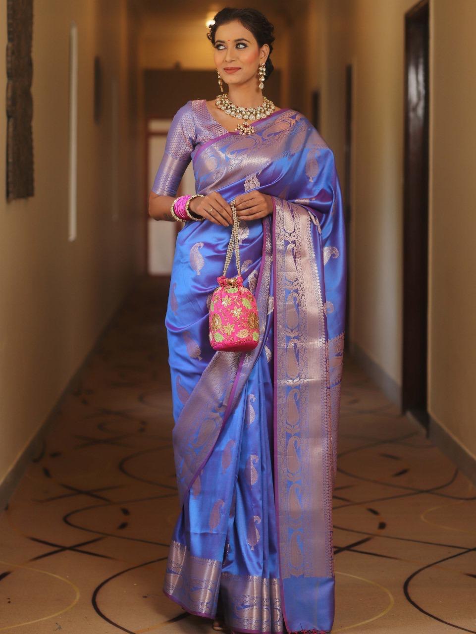 Vijayalakshmi - Blue Kanjivaram Silk Saree with Gold Paisley Zari Border