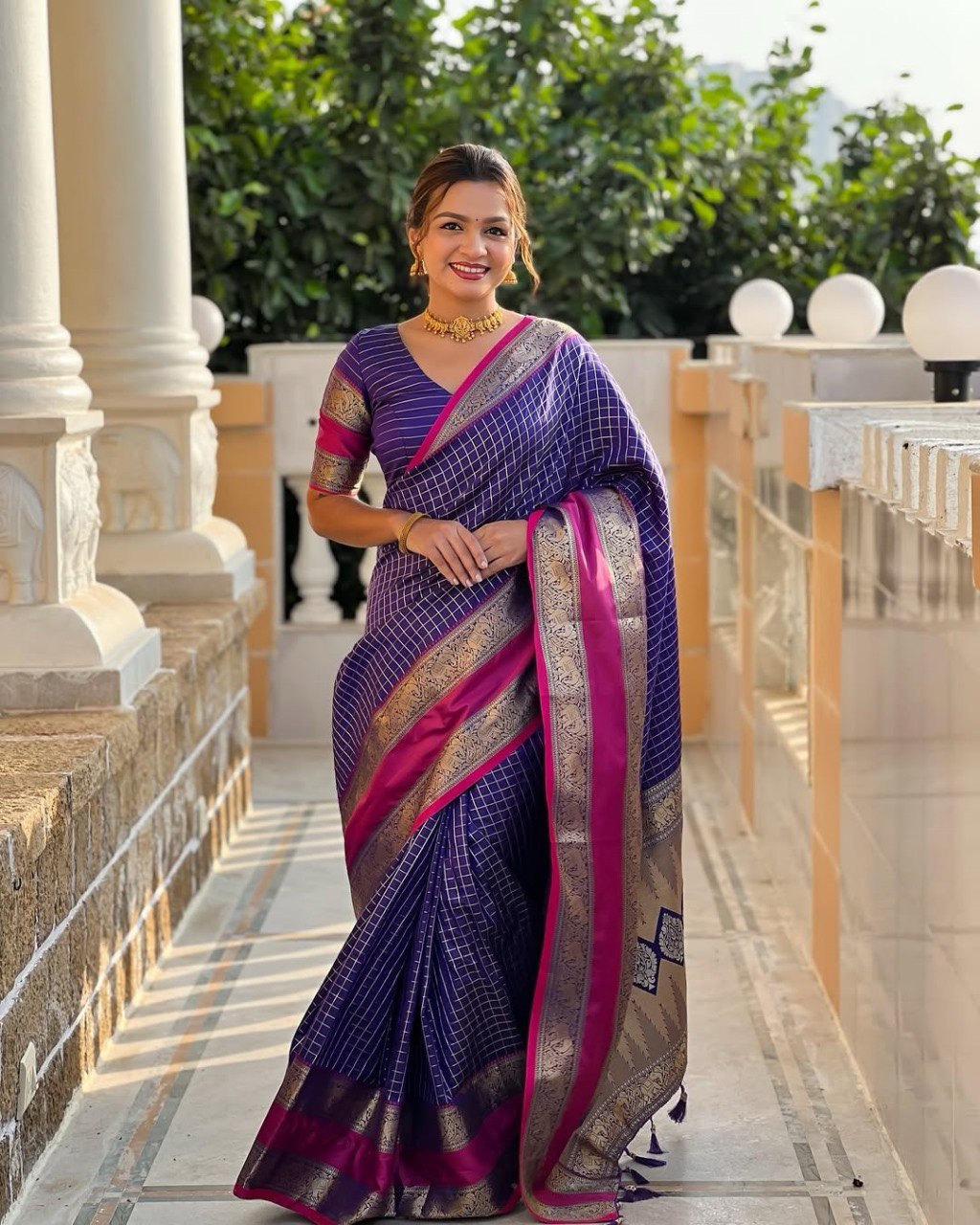 Vaishnavi - Purple Kanjivaram Silk Saree with Silver Zari Checked Pattern