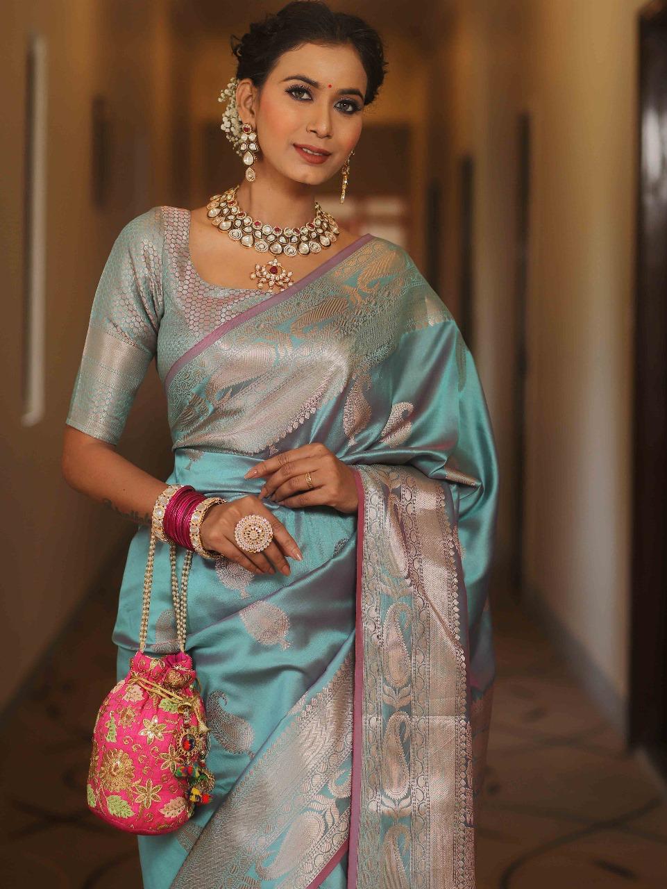 Vimla - Sky Blue Banarasi Silk Saree with Golden Paisley Weaving