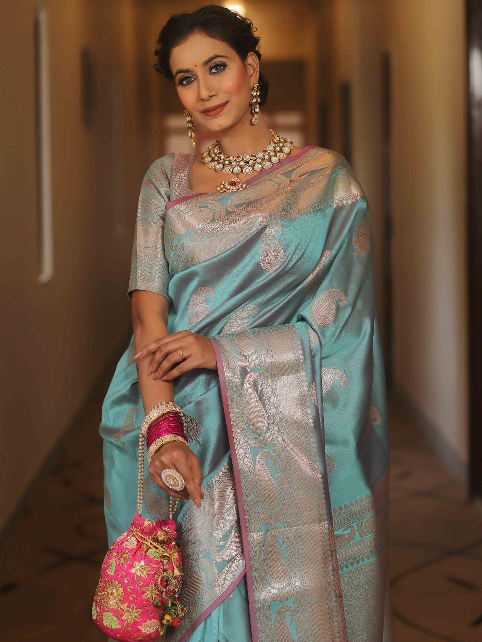 Vimla - Sky Blue Banarasi Silk Saree with Golden Paisley Weaving