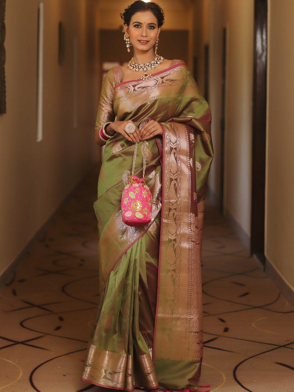 Vimla - Green Banarasi Silk Saree with Golden Paisley Weaving