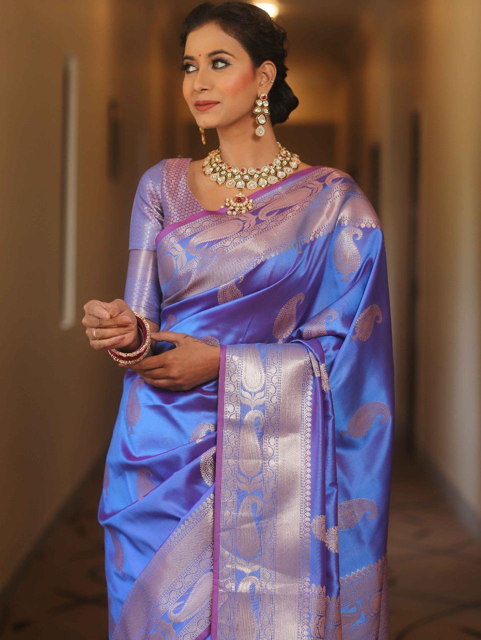 Vimla - Blue Banarasi Silk Saree with Golden Paisley Weaving