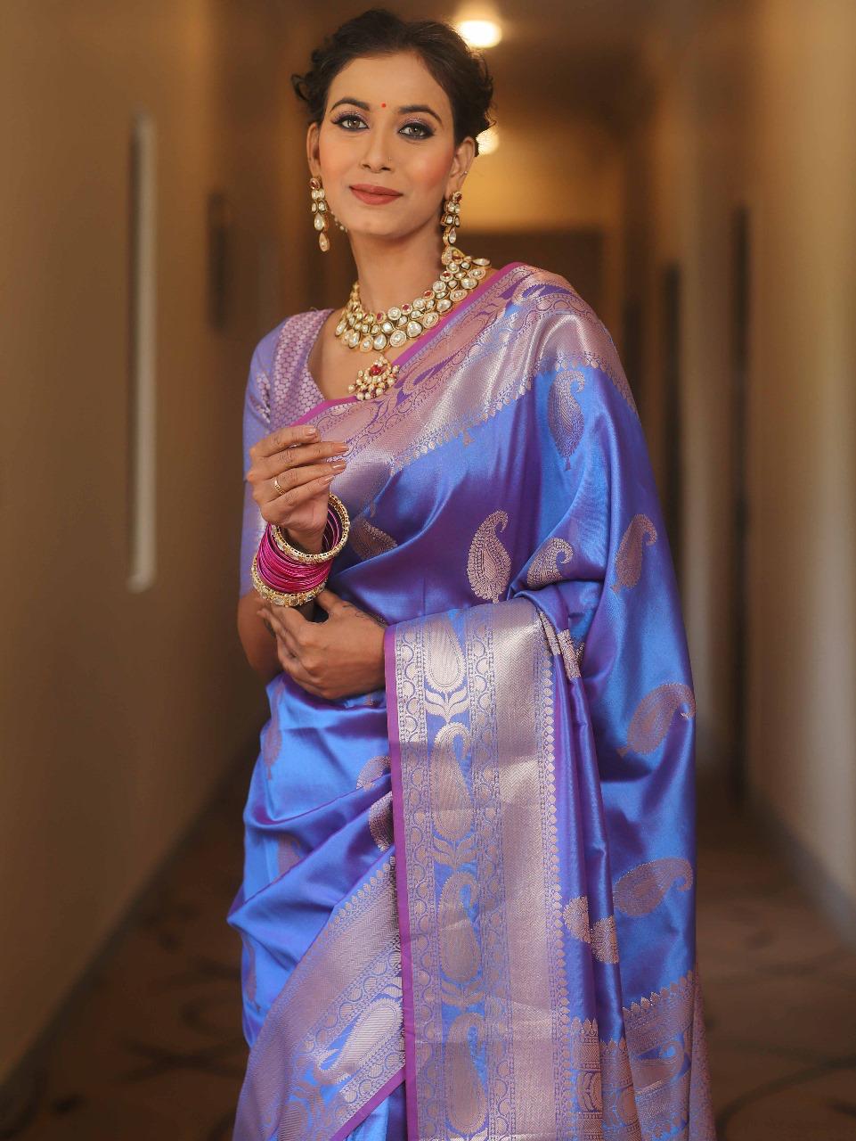 Vimla - Blue Banarasi Silk Saree with Golden Paisley Weaving