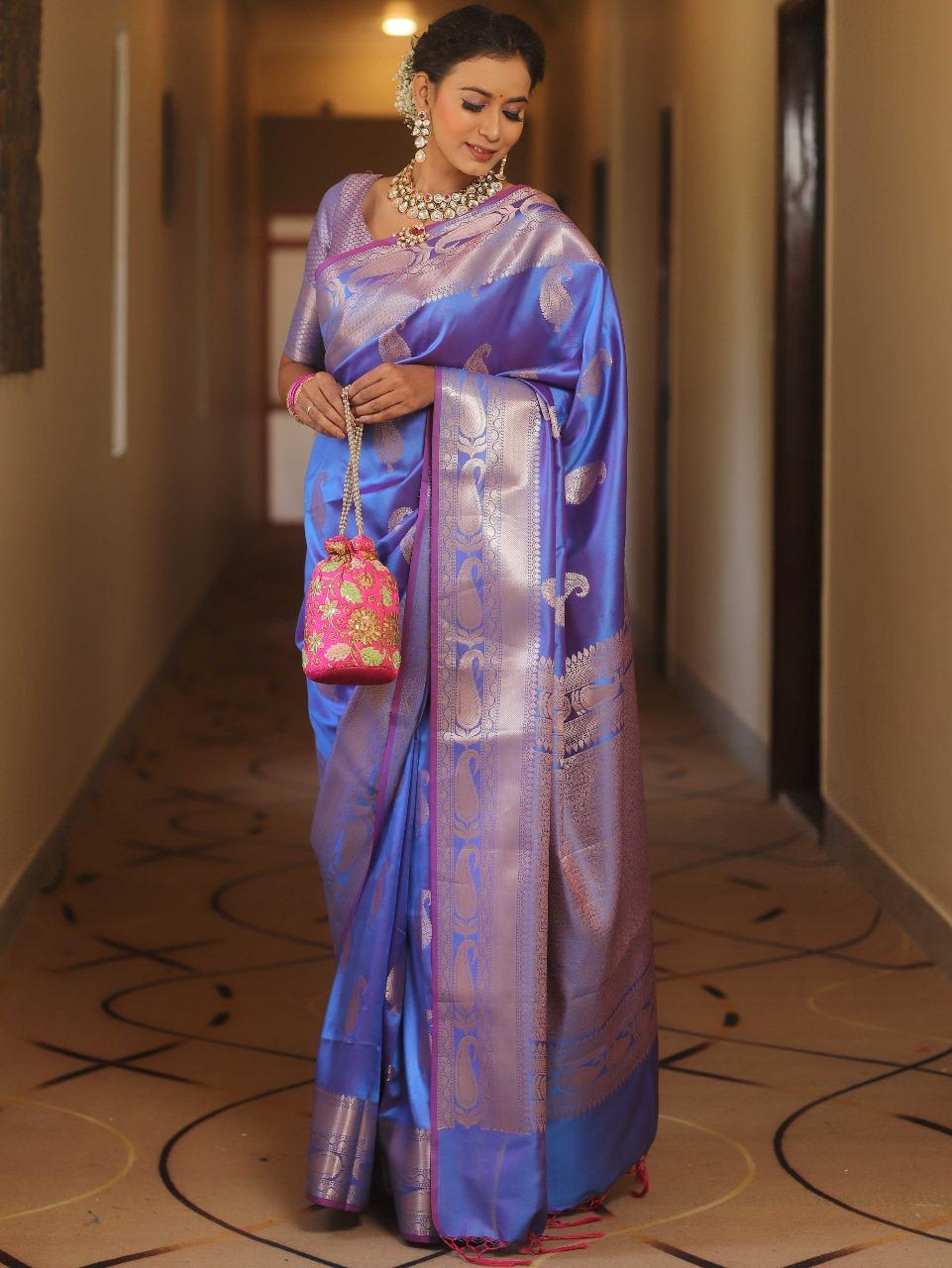 Vimla - Blue Banarasi Silk Saree with Golden Paisley Weaving
