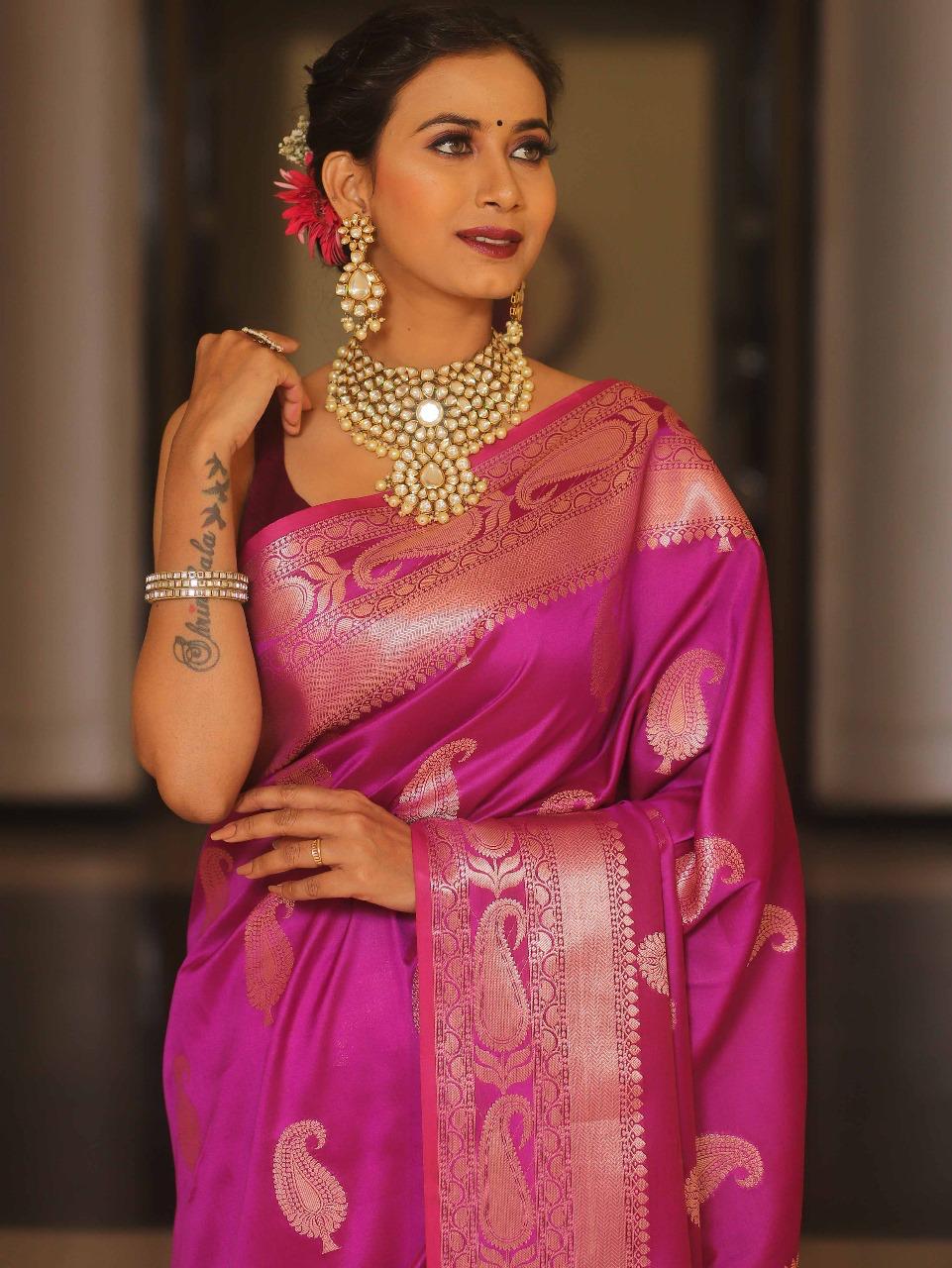 Vimla - Rani Pink Banarasi Silk Saree with Golden Paisley Weaving