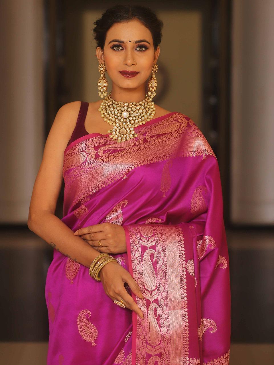 Vimla - Rani Pink Banarasi Silk Saree with Golden Paisley Weaving