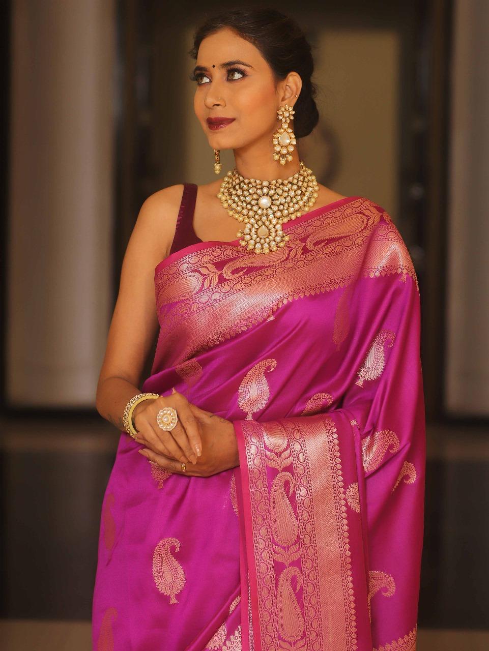 Vimla - Rani Pink Banarasi Silk Saree with Golden Paisley Weaving