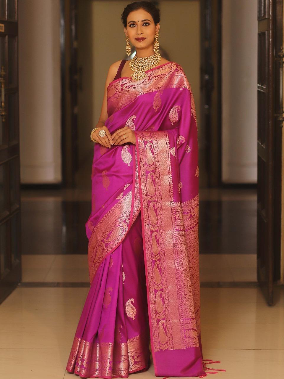 Vimla - Rani Pink Banarasi Silk Saree with Golden Paisley Weaving