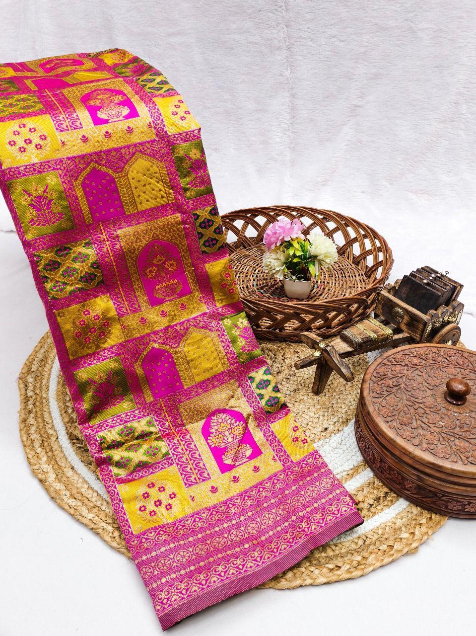 Sabita – Rani Pink Banarasi Soft Silk Saree with Contrast Zari Patch Motifs