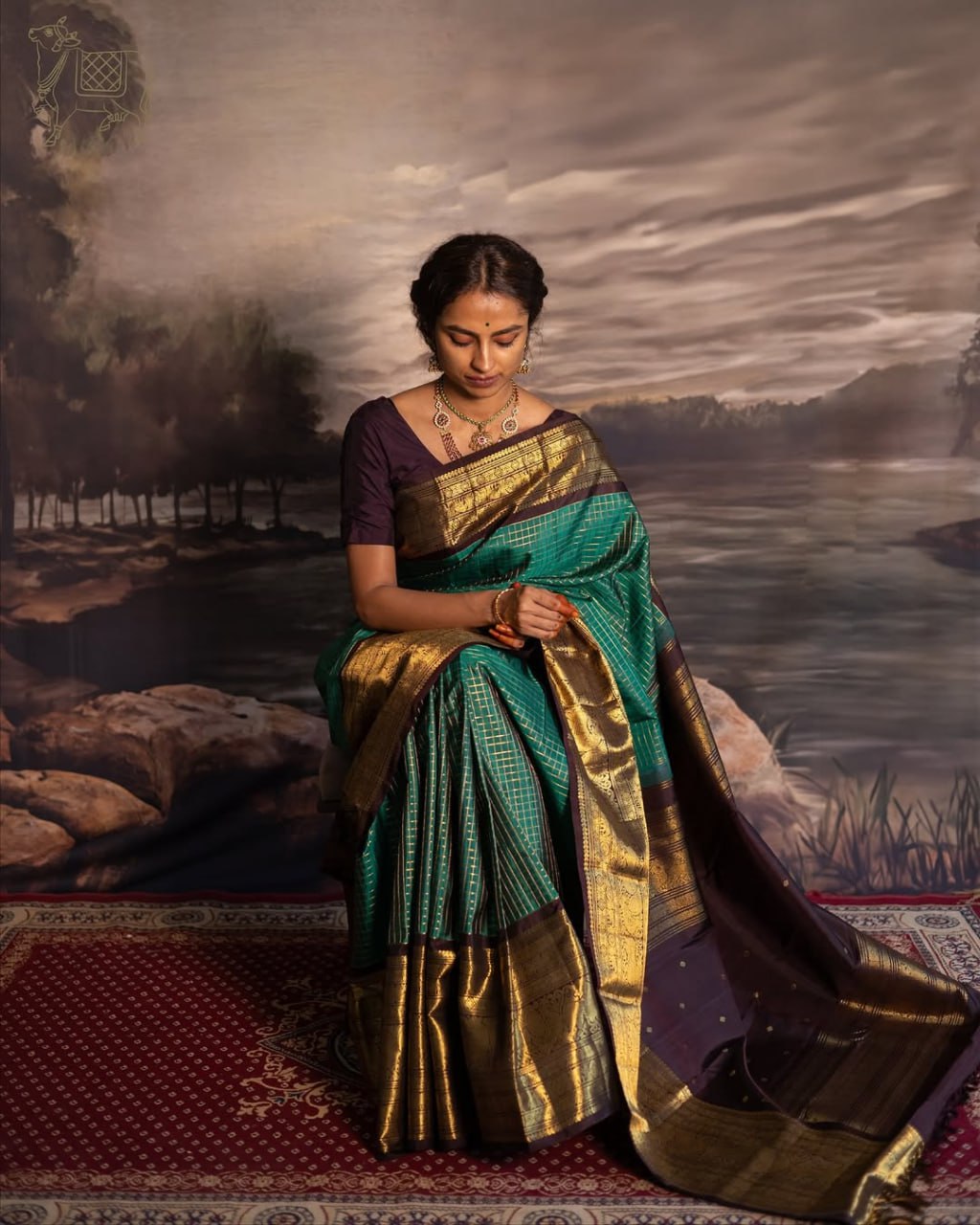 Pushpa – Emerald Green Banarasi Soft Silk Saree with Gold Checks & Contrast Zari Border