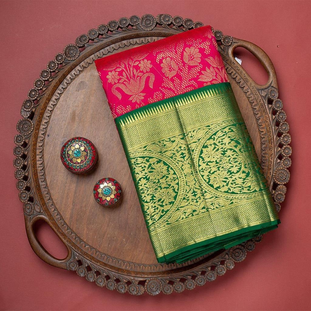 Leelavati – Pink Banarasi Silk Saree with Dual Green Blouse Pieces (Jacquard & Embroidered)