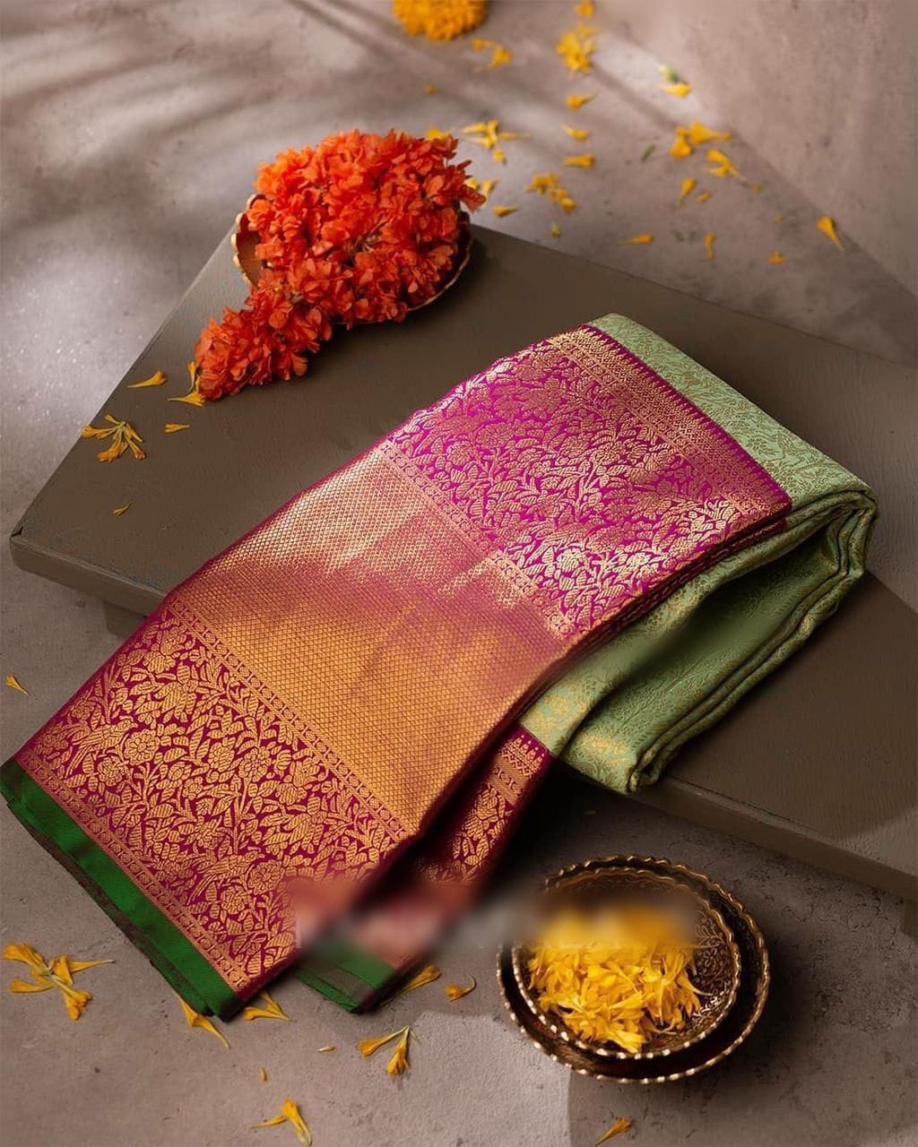 Savitri – Pista Soft Banarasi Silk Saree with Jacquard Pink Blouse