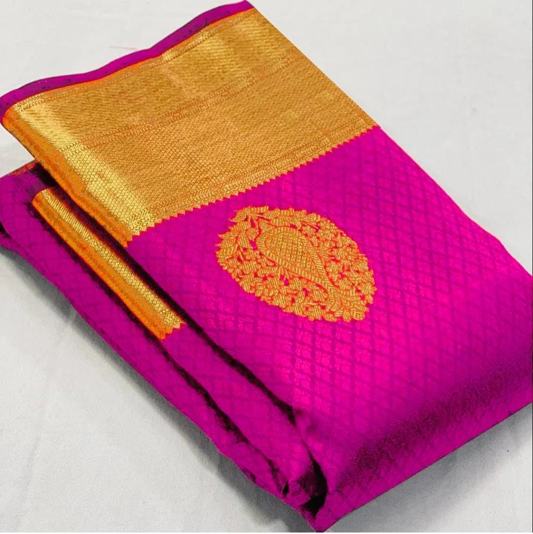 Meenal - Dark Pink Soft Banarasi Silk Saree with Jacquard Weaving