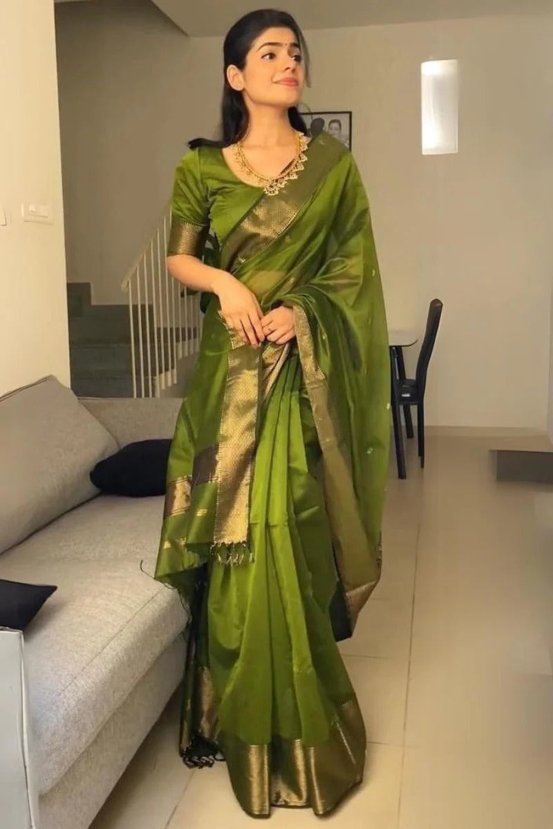 Bhavna - Green Pure Linen Silk Saree with Jacquard Weaving