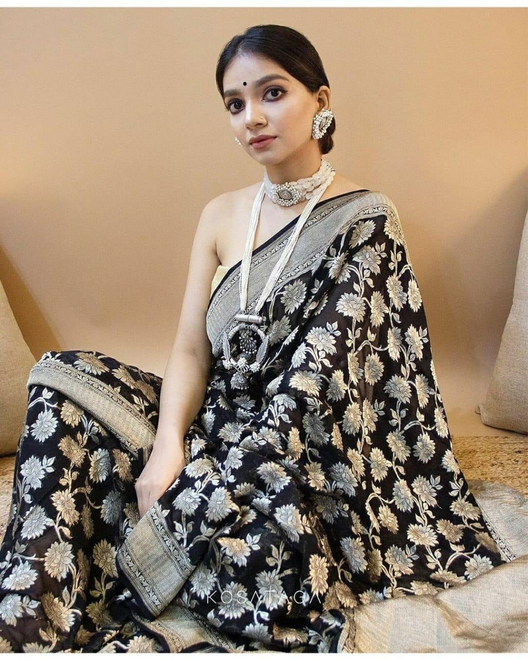 Kamini - Black Soft Silk Jacquard Saree with Floral Zari Work