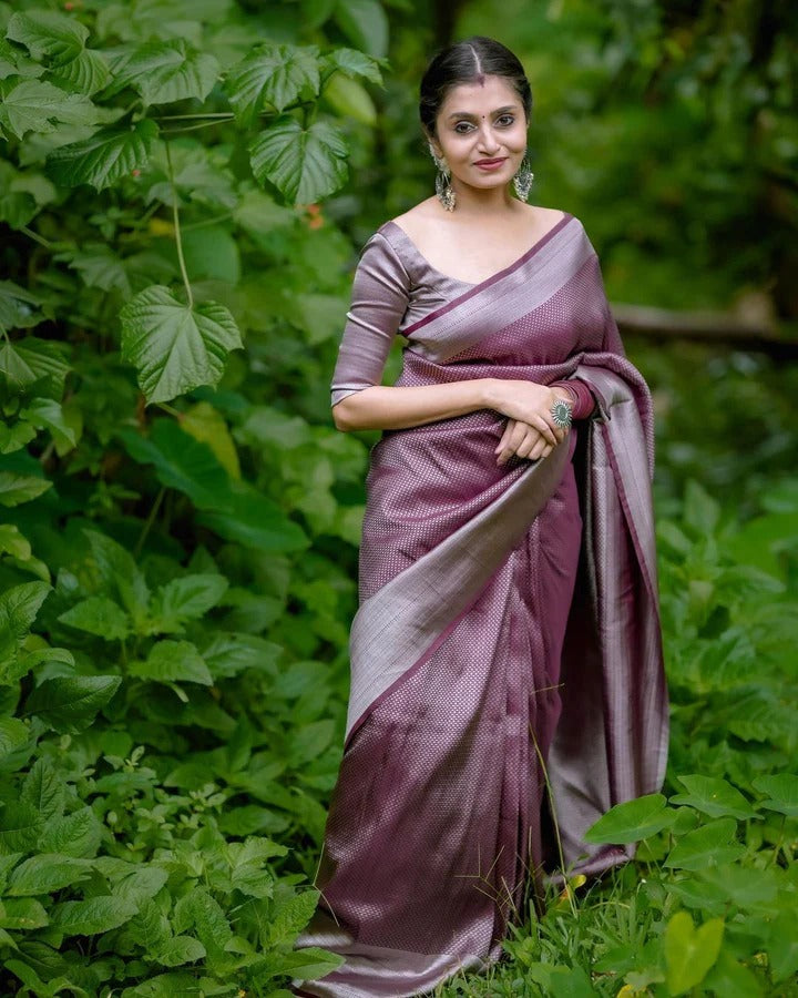 Vinika Brown Soft Kanjivaram Silk Drape with Unique Blouse Piece-Valmika