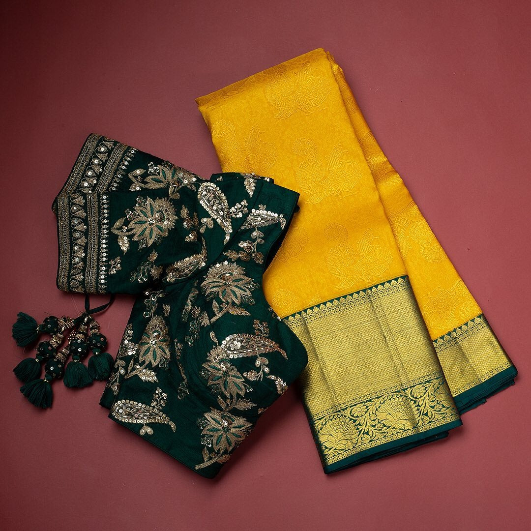 Hemali - Yellow Soft Banarasi Silk Saree with Jacquard Work and Green Dual Blouse Options