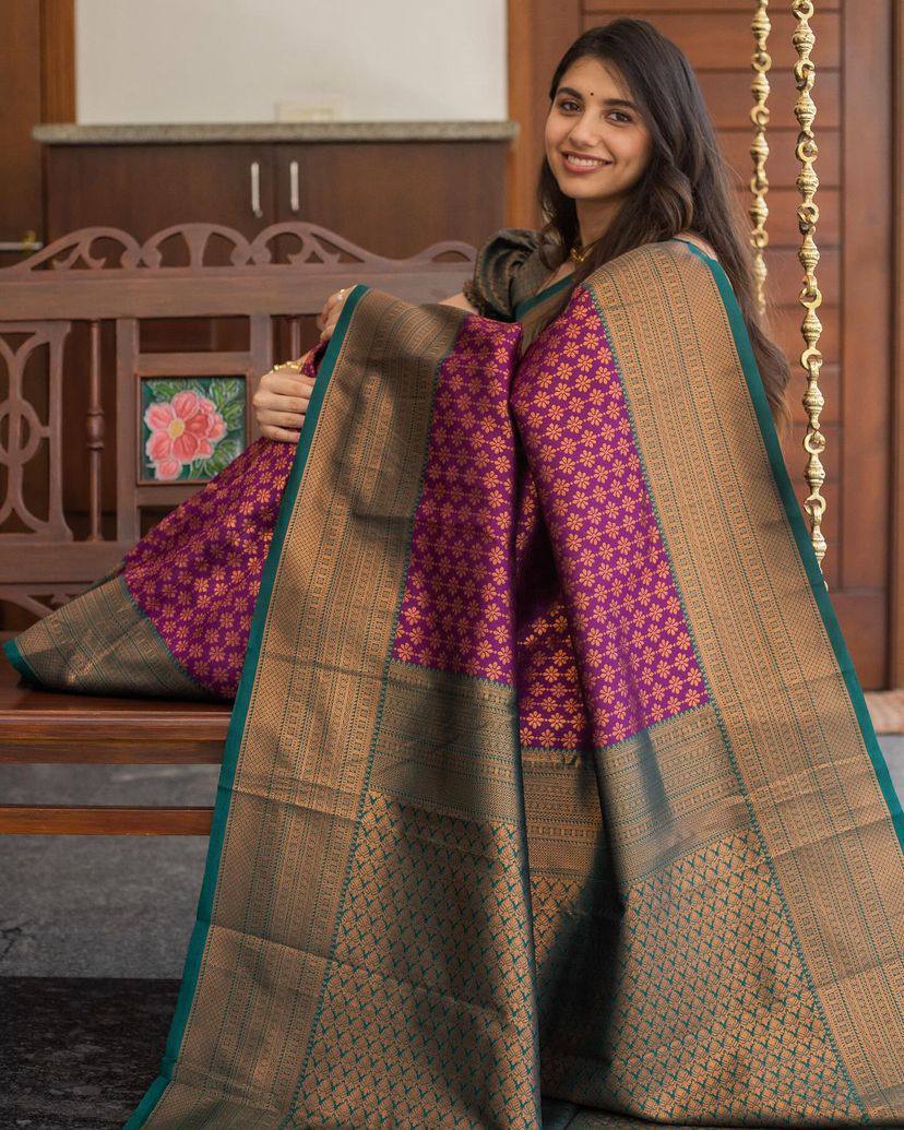 Knyaa's Wine Gadget Banarasi SIlk Saree With Nouveau Attached Blouse