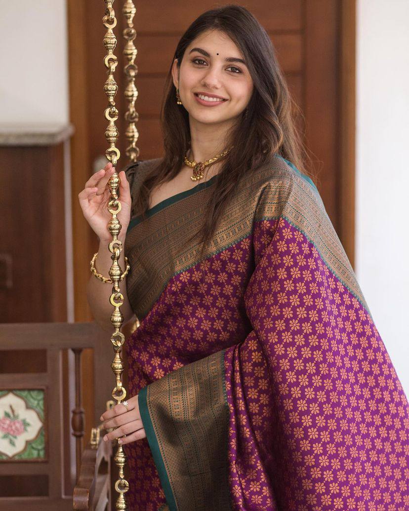Knyaa's Wine Gadget Banarasi SIlk Saree With Nouveau Attached Blouse