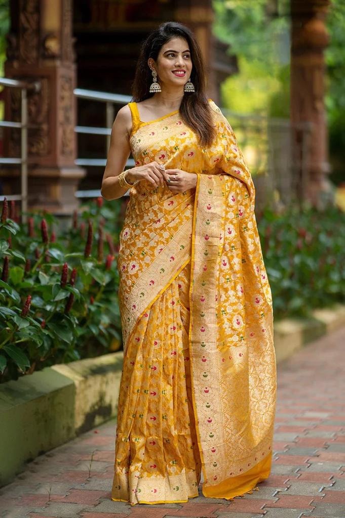 Prachi - Yellow Soft Silk Saree with Jacquard Weaving