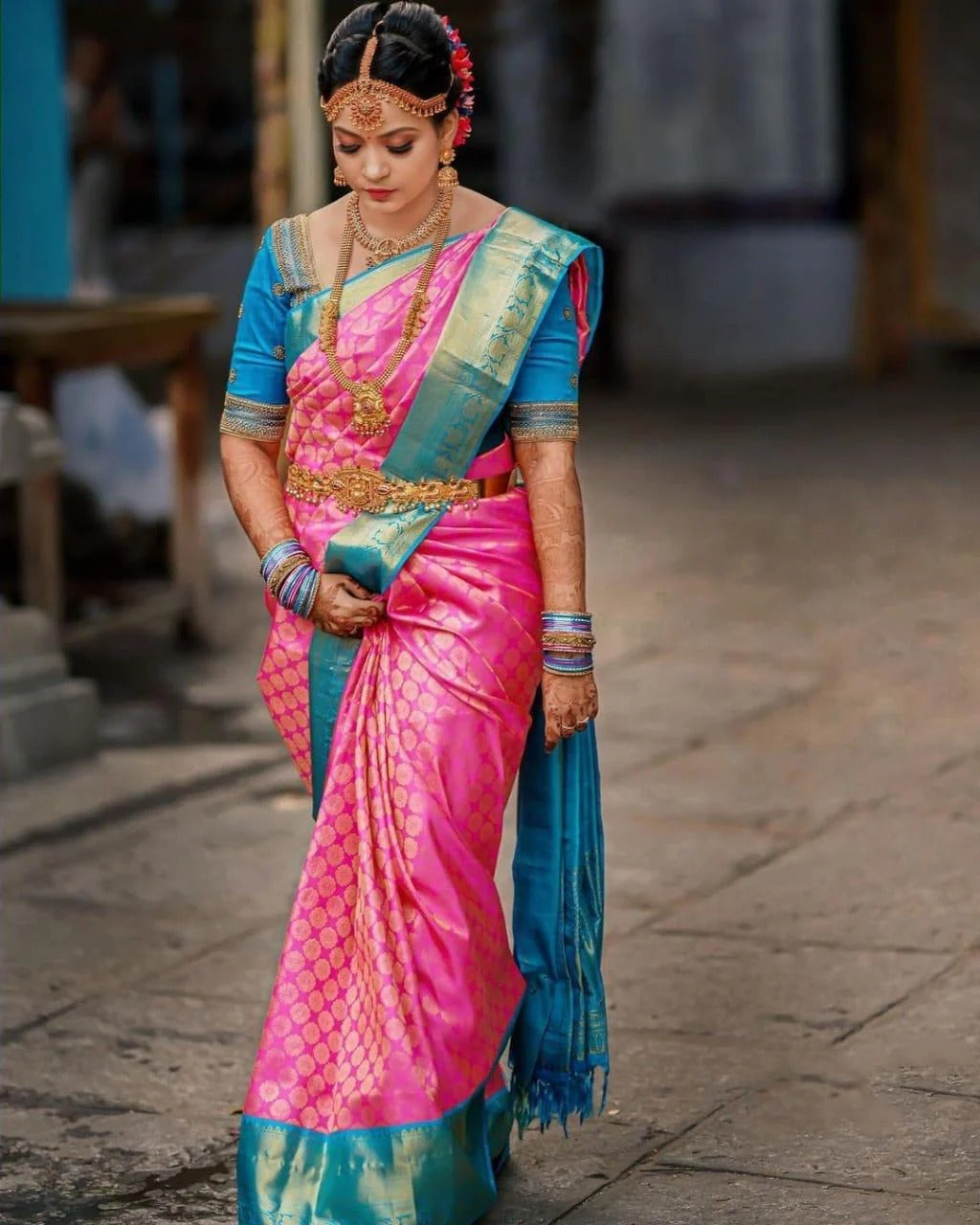 Bhavika - Dark Pink Banarasi Silk Saree with Jacquard Weaving & Firozi Blouse