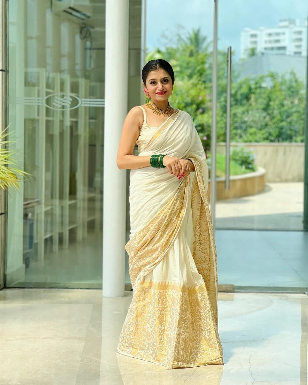 Charvika - White Soft Silk Saree with Antique Gold Border and White Blouse