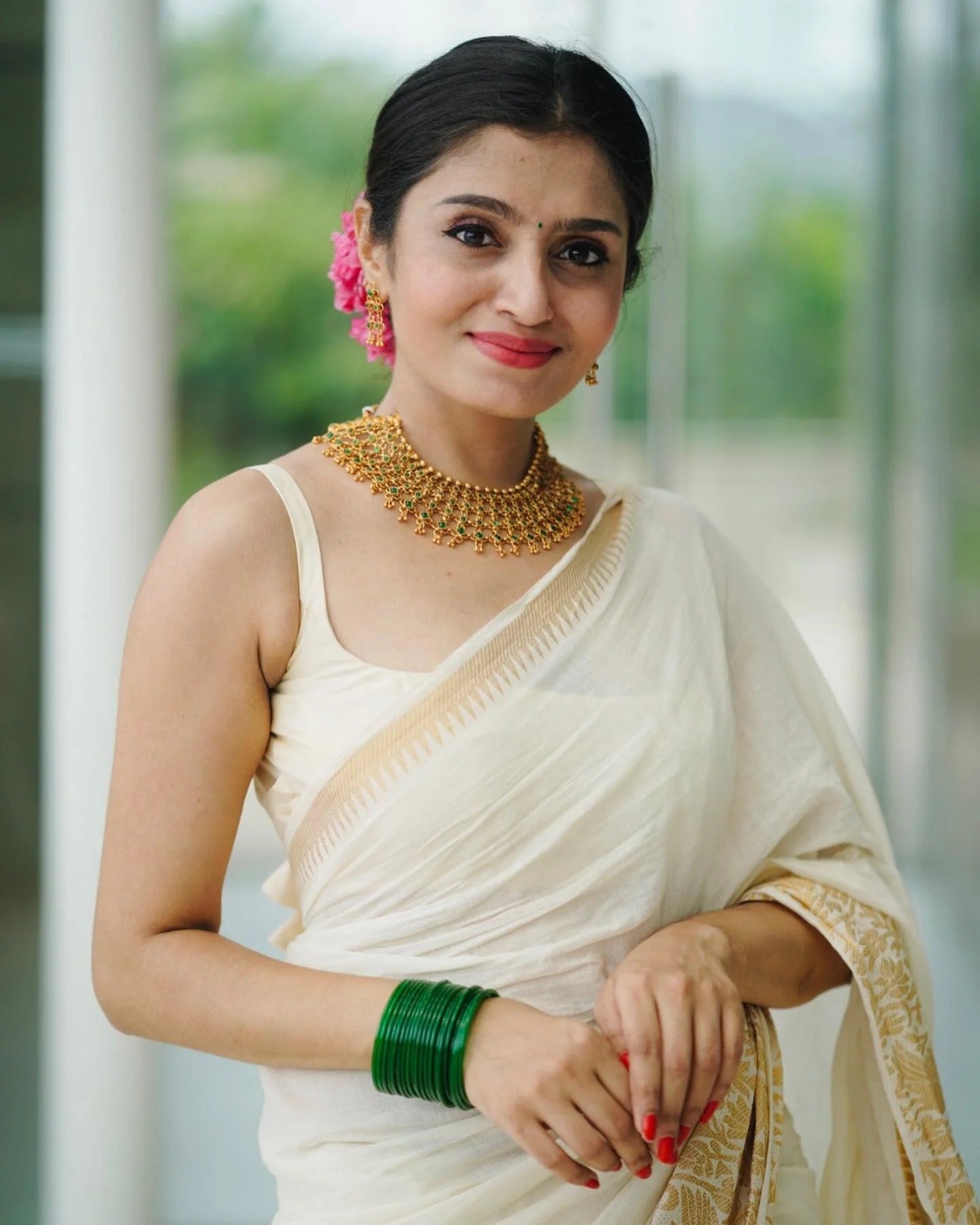 Charvika - White Soft Silk Saree with Antique Gold Border and White Blouse