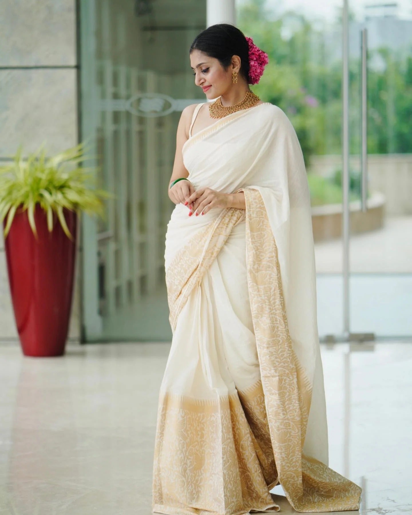 Charvika - White Soft Silk Saree with Antique Gold Border and White Blouse