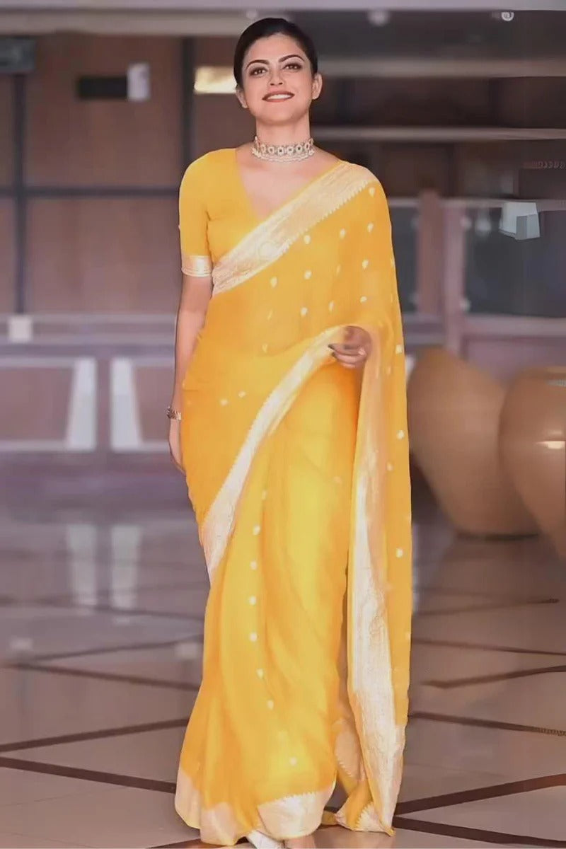 Samaira - Yellow Soft Silk Saree with Subtle Jacquard and Matching Blouse