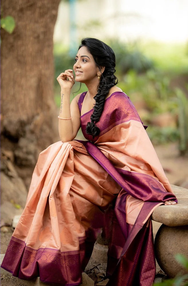 Kavya - Peach Soft Banarasi Silk Saree with Copper Jacquard Buttas