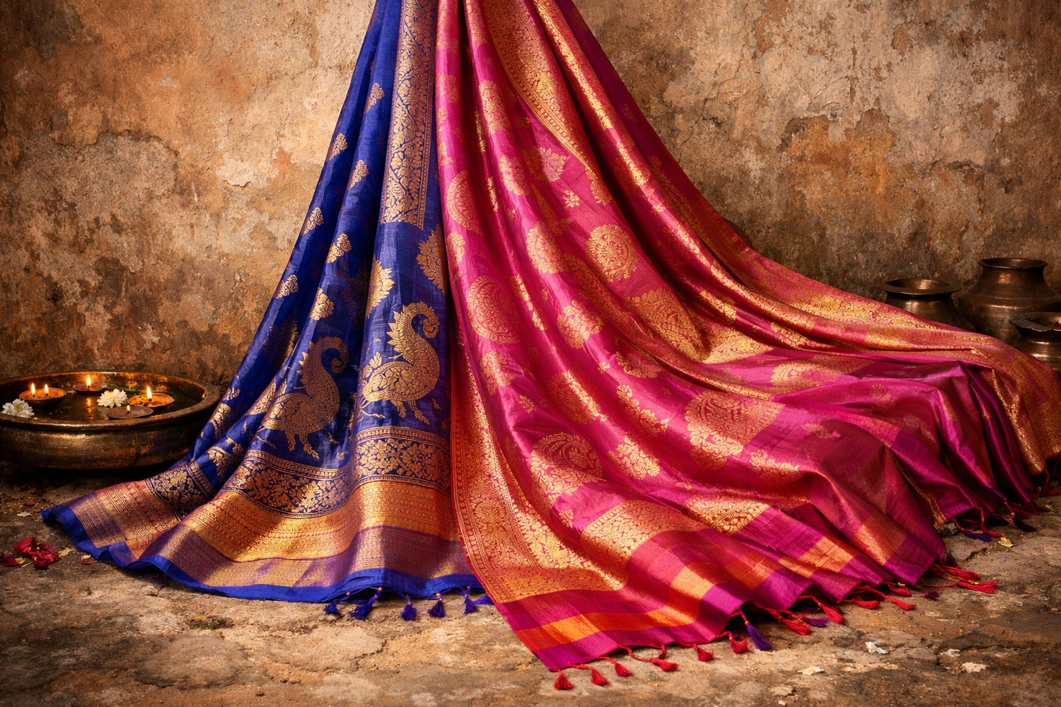 A traditional saree draped against a rustic wall, showcasing intricate weave patterns in soft natural light.