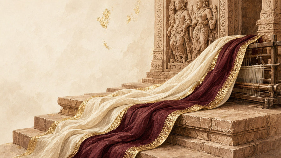 A long ivory and maroon handwoven cloth flowing down ancient sandstone steps beside carved stone reliefs and a wooden handloom