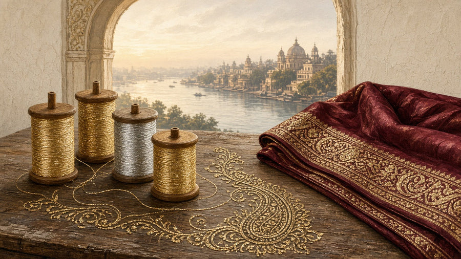 Spools of gold and silver zari thread on a wooden table beside a maroon silk saree, with a river city at dawn seen through an arched window