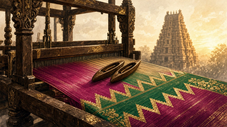 A wooden handloom weaving magenta silk with an emerald temple-pattern border, with a South Indian temple tower in the background