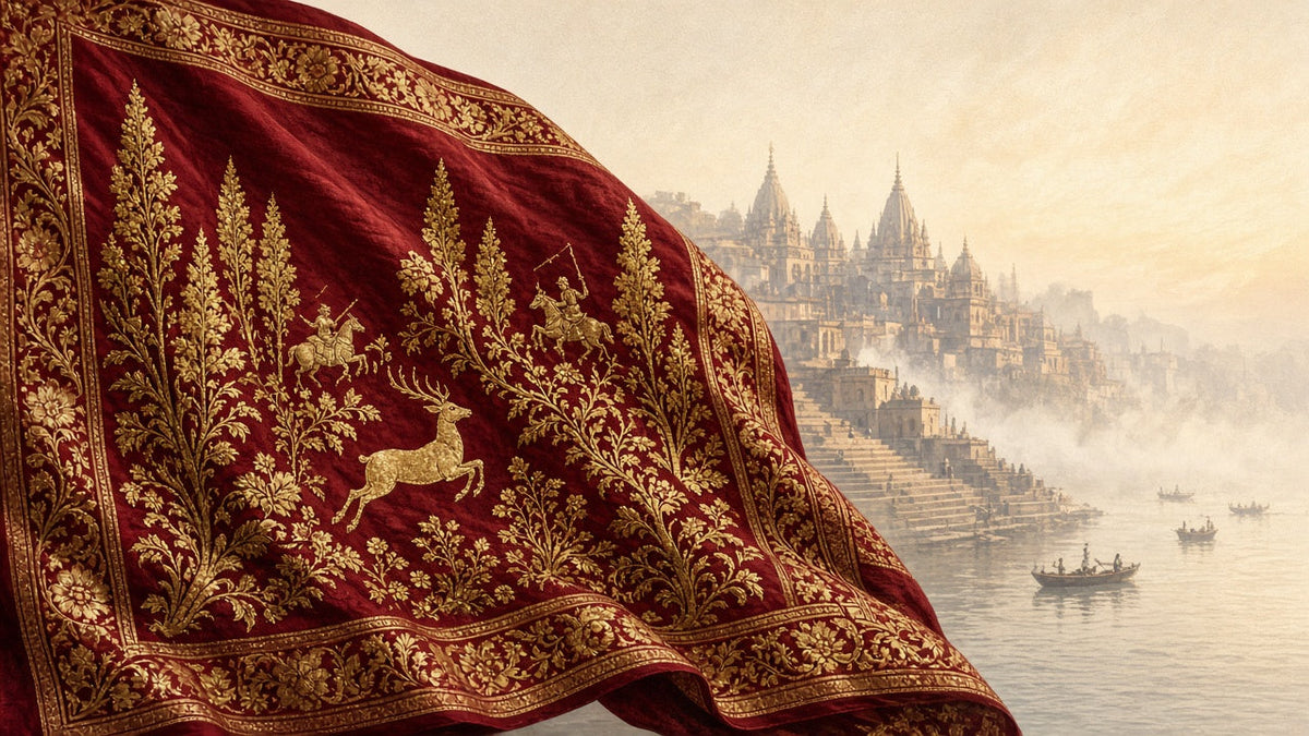 Crimson silk brocade woven in gold with deer, horse riders and flowering trees, with the ghats of Varanasi at dawn behind