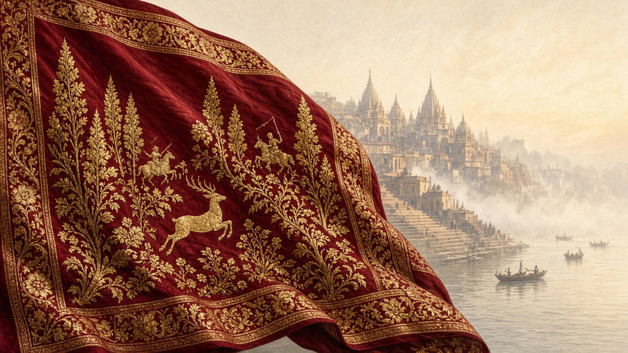 Crimson silk brocade woven in gold with deer, horse riders and flowering trees, with the ghats of Varanasi at dawn behind
