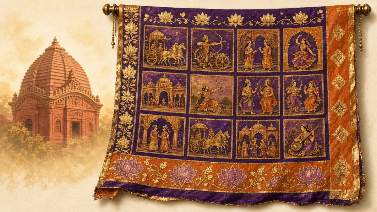A purple and orange silk pallu woven with panels of epic scenes, chariots and archers, beside a terracotta temple in Bengal