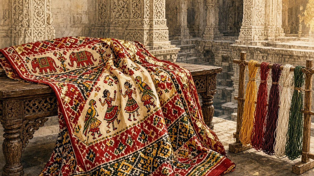 A Patola double-ikat silk saree with elephants, parrots and dancing figures draped on a carved bench beside bundles of dyed thread in a Gujarati stepwell