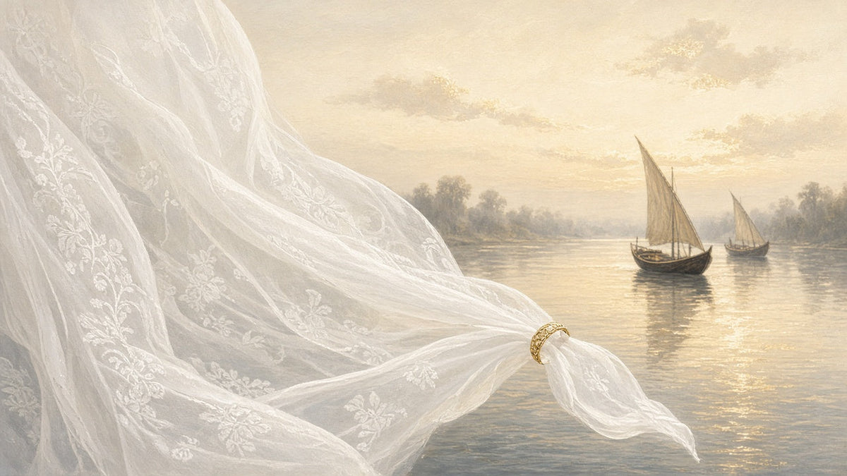 Translucent white muslin with floral motifs floating in the air and passing through a gold ring, above a calm river with sailboats at dawn