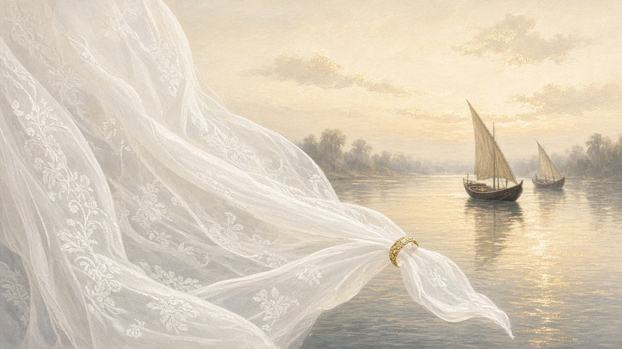Translucent white muslin with floral motifs floating in the air and passing through a gold ring, above a calm river with sailboats at dawn