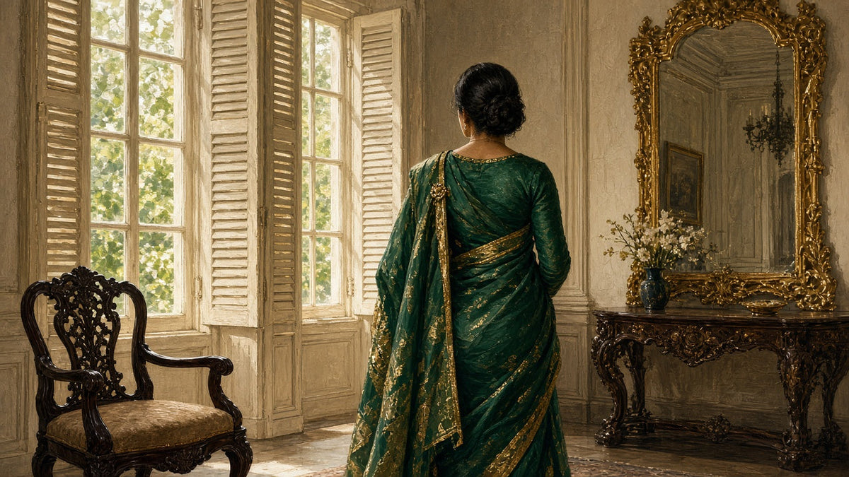 A woman in a 19th-century drawing room seen from behind, wearing an emerald silk saree draped with front pleats and a pallu pinned with a brooch