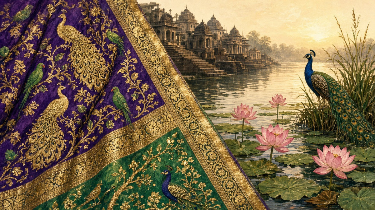 A purple and green Paithani silk pallu woven with gold peacocks and parrots beside a lotus pond with a peacock and old stone ghats