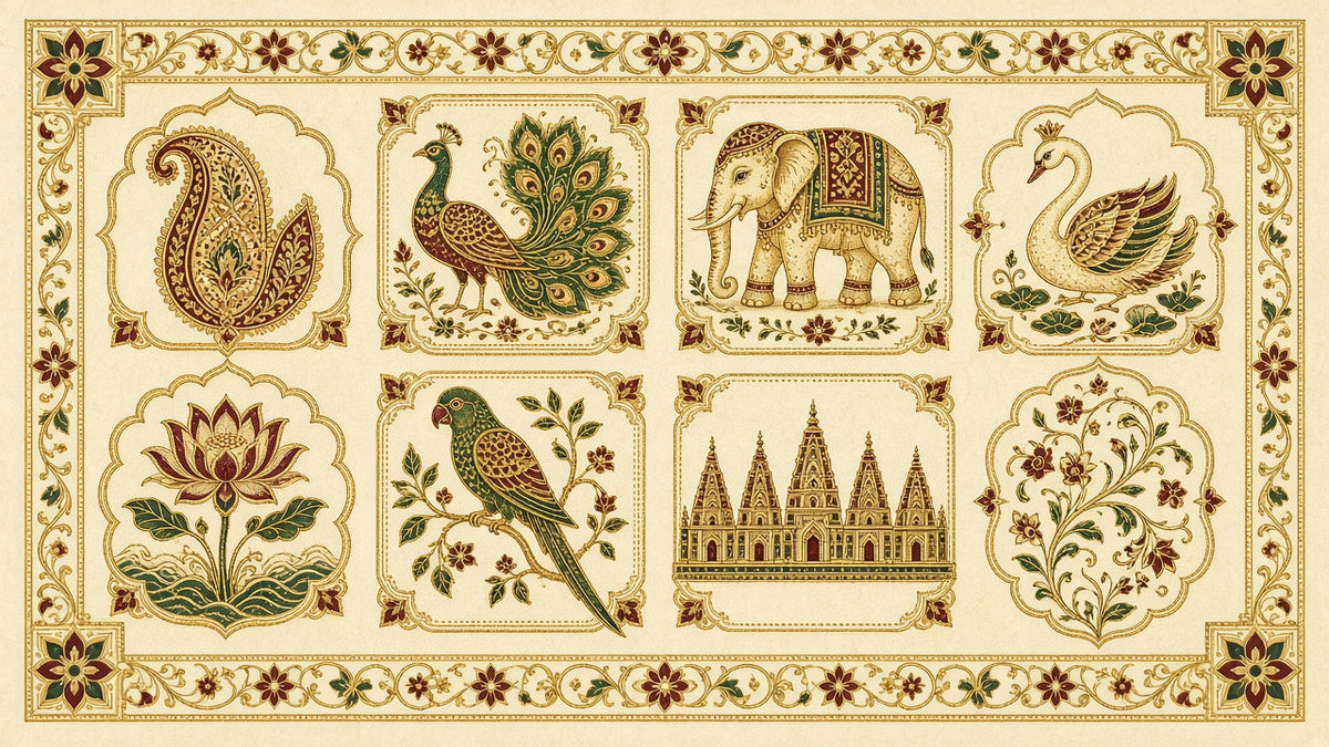 Traditional Indian saree motifs painted in gold on cream: paisley, peacock, elephant, swan, lotus, parrot, temple border and floral vine