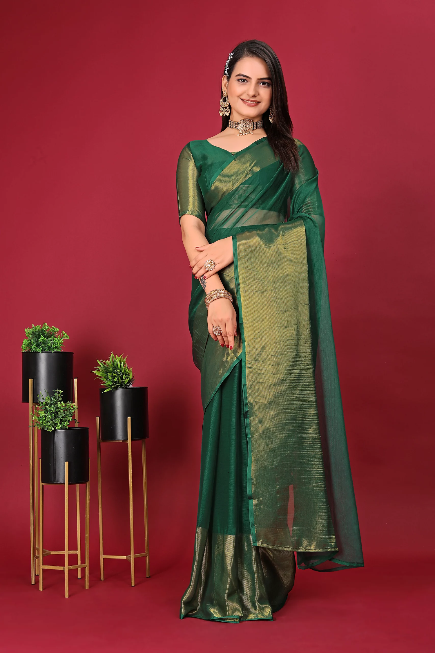 1-Min Ready To Wear Saree DARK GREEN In Premium Chiffon Silk With Zari Patta