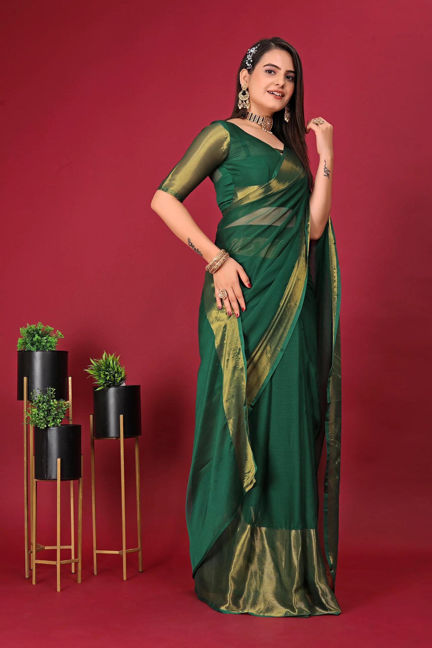 1-Min Ready To Wear Saree DARK GREEN In Premium Chiffon Silk With Zari Patta